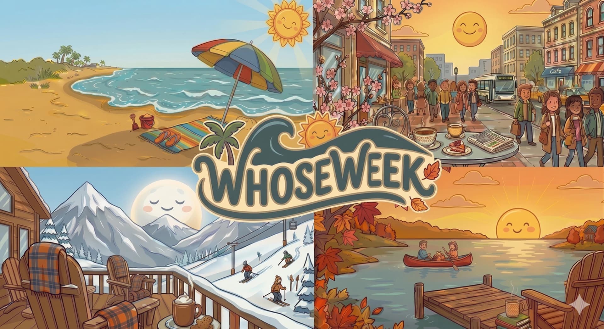 WhoseWeek — beach, mountain, lake, and city vacation scenes